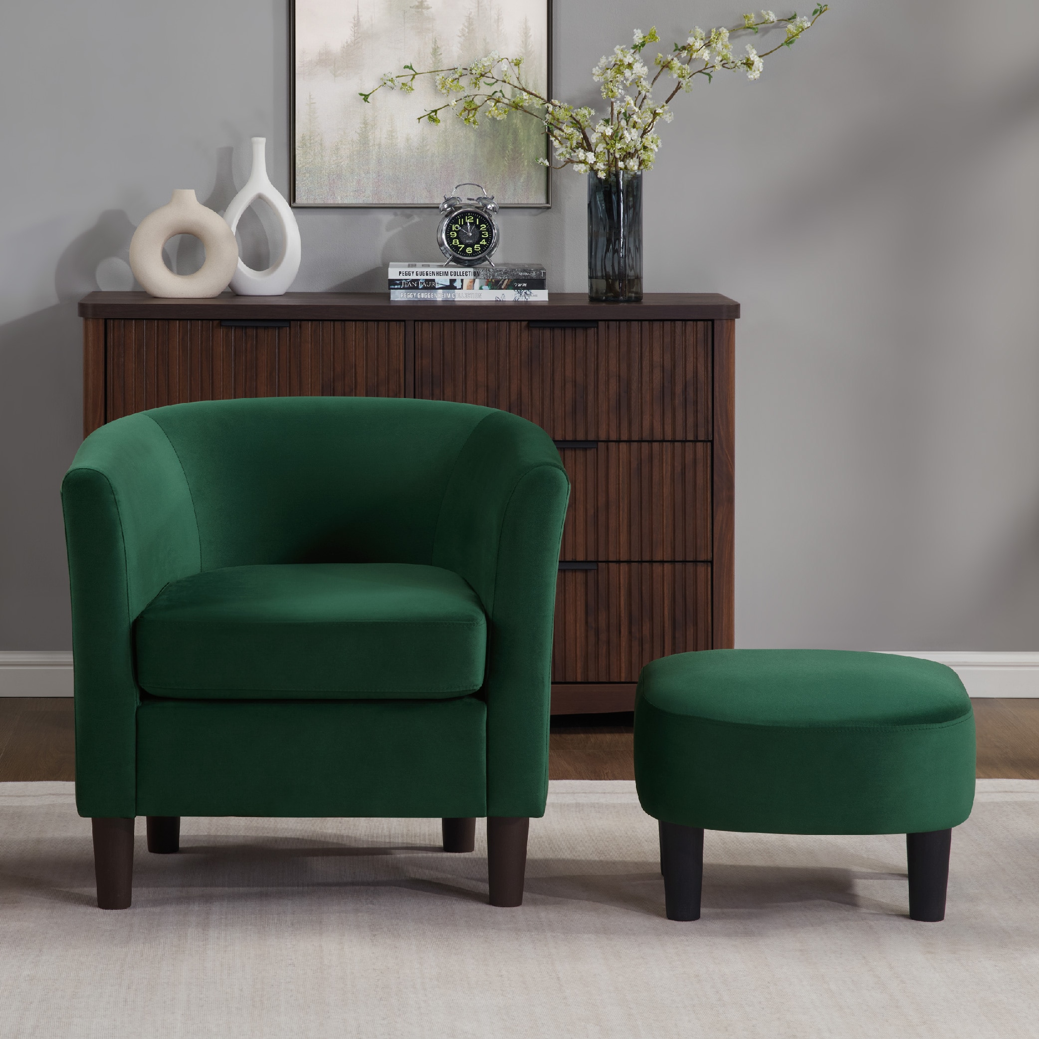 Velvet Accent Chair with Ottoman, Modern Barrel Chair Armchair for Living Room, Green Velvet Accent Chair with Ottoman, Modern Barrel Chair Armchair for Living Room, Green